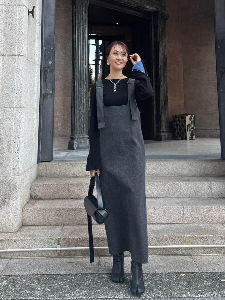 【予約】 ウールライクVネックジャンパースカート / チャコール(1月上旬発送予定)