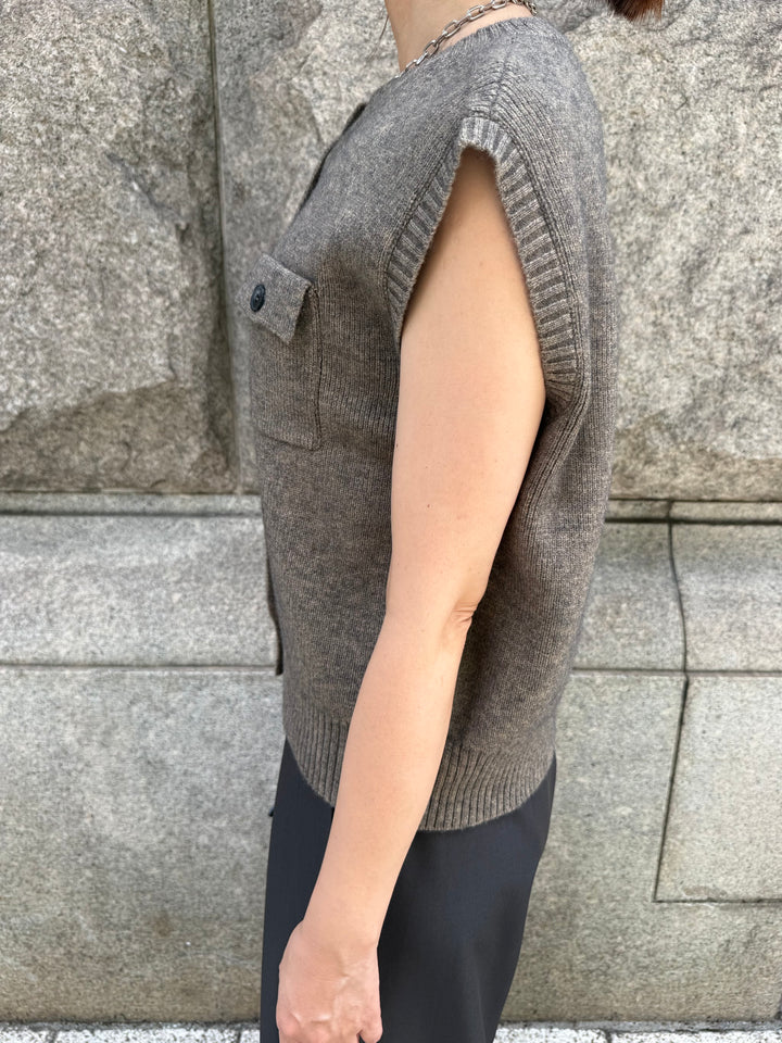 [新作300円OFF] アルパカタッチ配色ボタンベスト / グレージュ