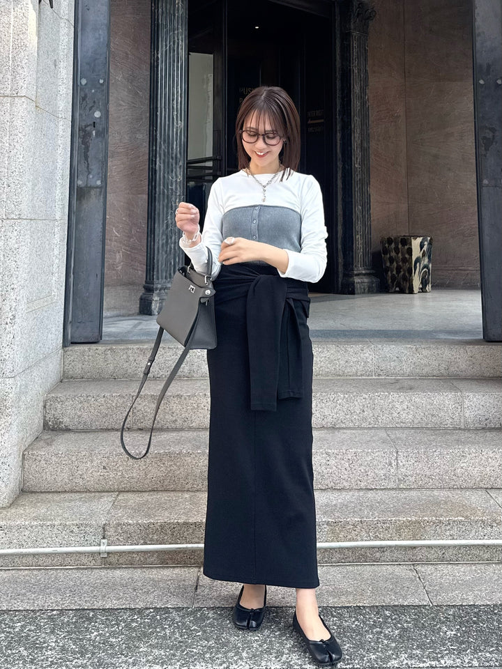 [新作300円OFF] カットリブ腰巻き風スカート / ブラック