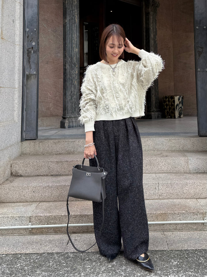 【予約】[SET] 麻タッチフリンジニットショート丈プルオーバー/ アイボリー + サマーツイードタックパンツ / ブラック(2月中旬発送予定)