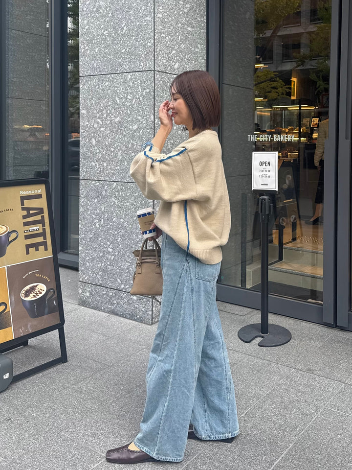 アルパカタッチ配色ラインプルオーバー / アイボリー