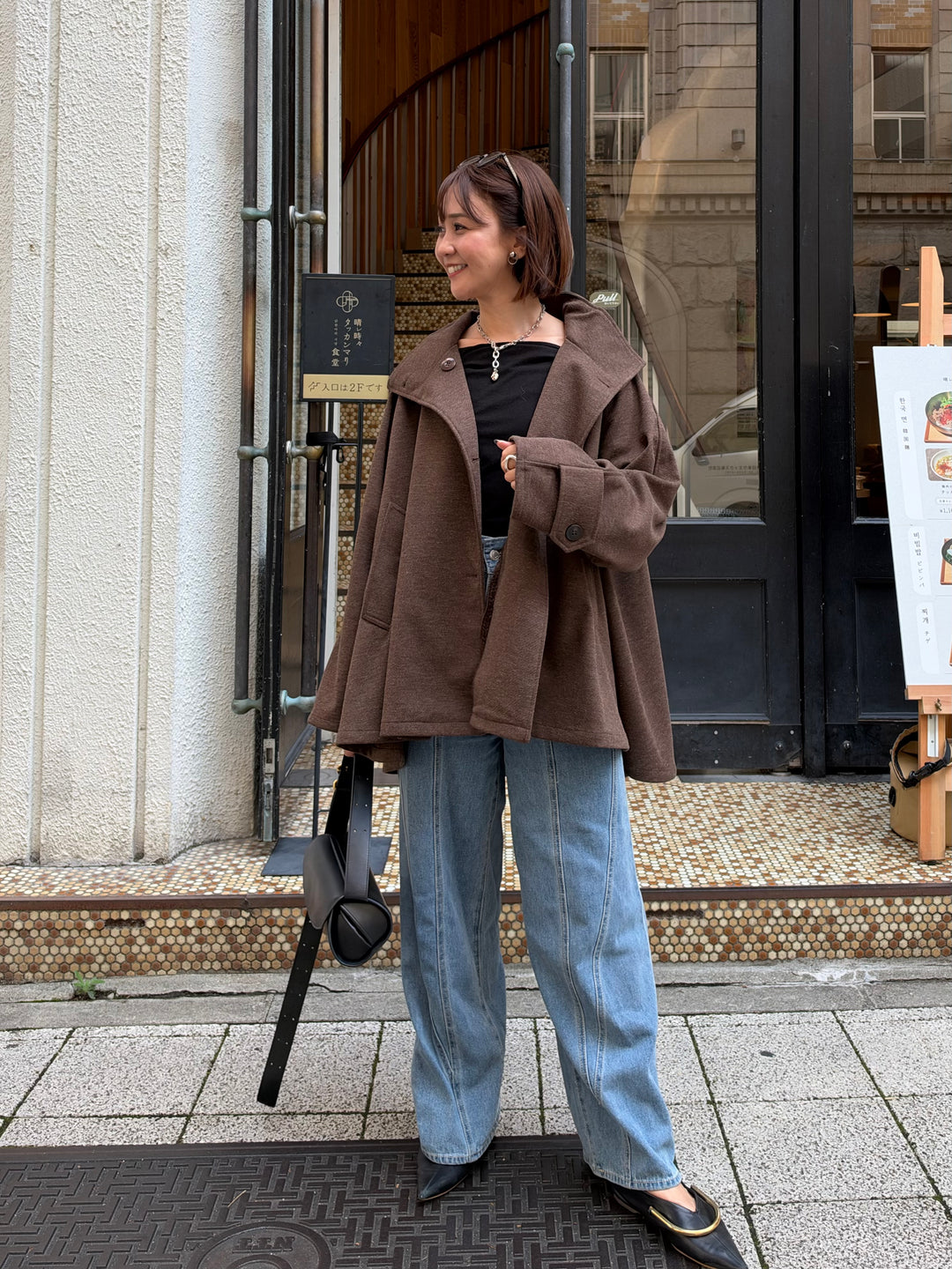 [新作300円OFF] カルゼスタンドカラーケープコート / ブラウン
