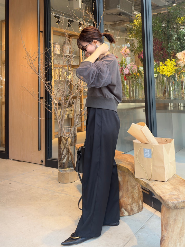 【予約】[SET] 袖チュールカーディガン / チャコールグレイ + ウエストパイピングワイドパンツ / ブラック(4月上旬発送予定)