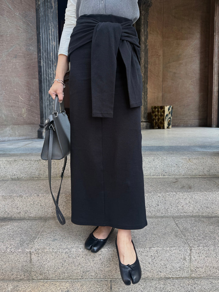 [新作300円OFF] カットリブ腰巻き風スカート / ブラック