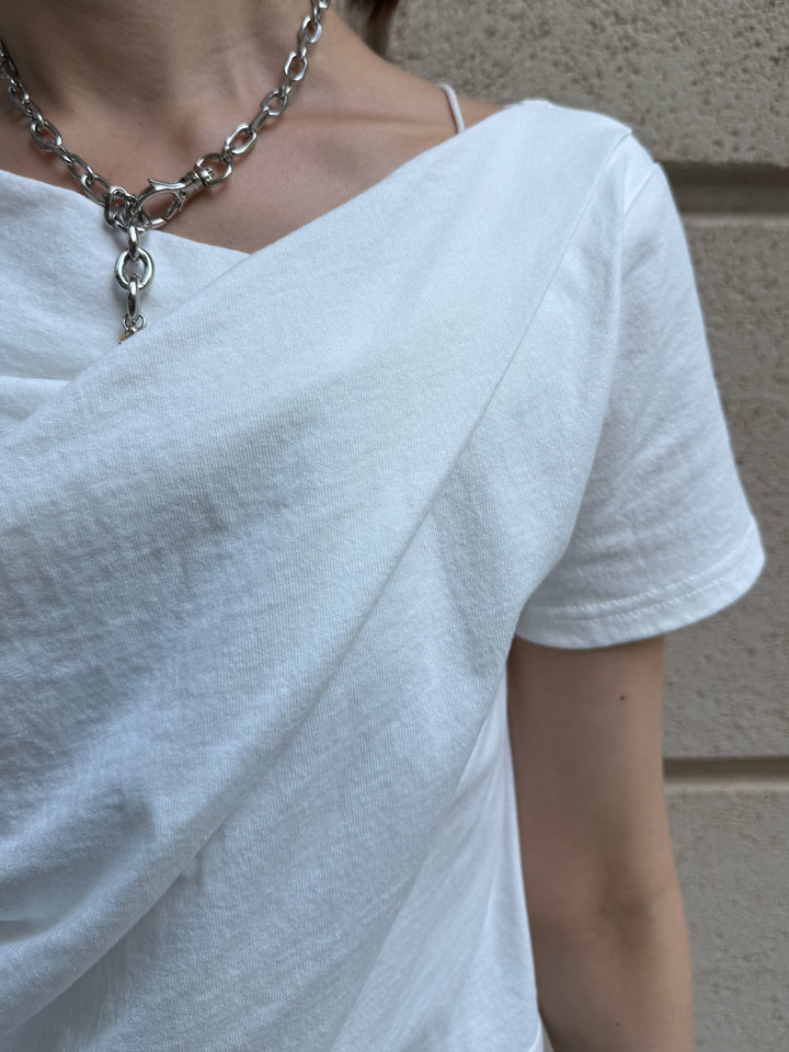 [新作300円OFF] レースレイヤードドレープTシャツ / オフホワイト