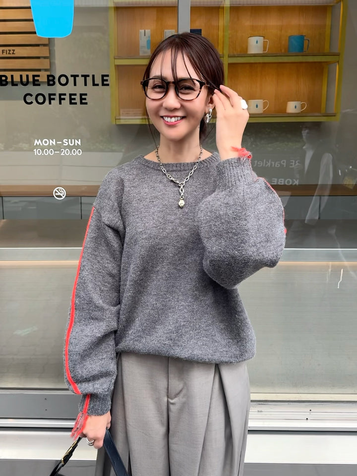 【予約】アルパカタッチ配色ラインプルオーバー / チャコール(12月中旬発送予定)