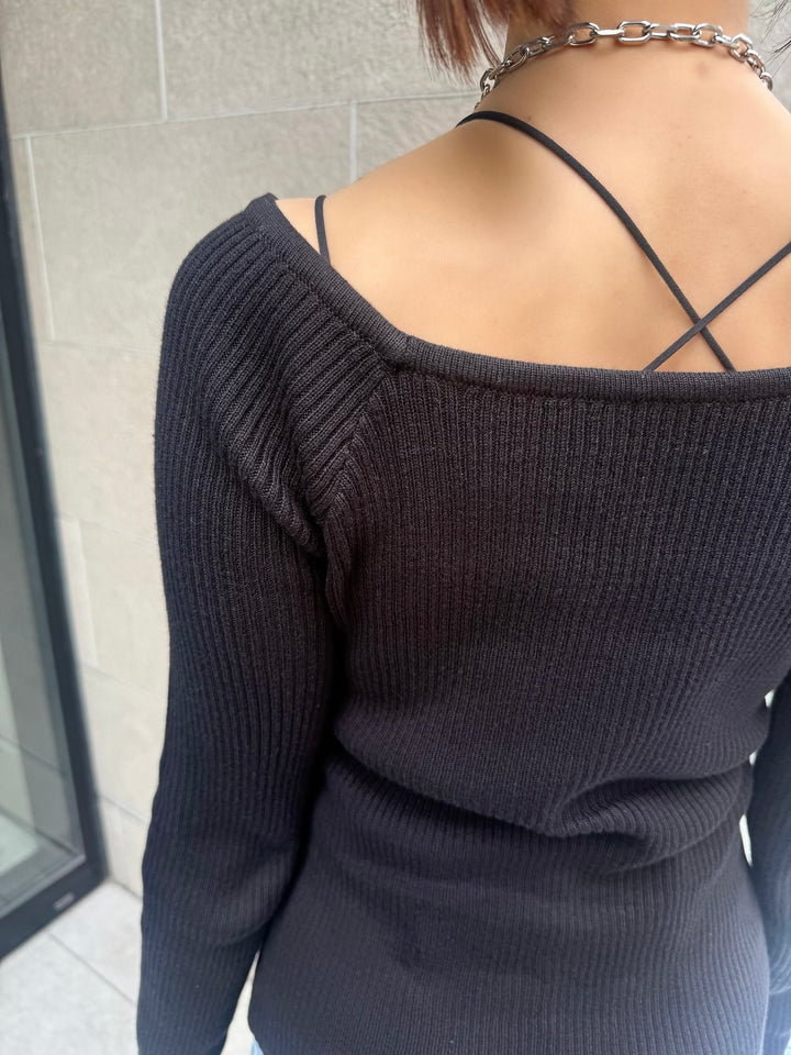 スクエアネックリブニットプルオーバー  / ブラック