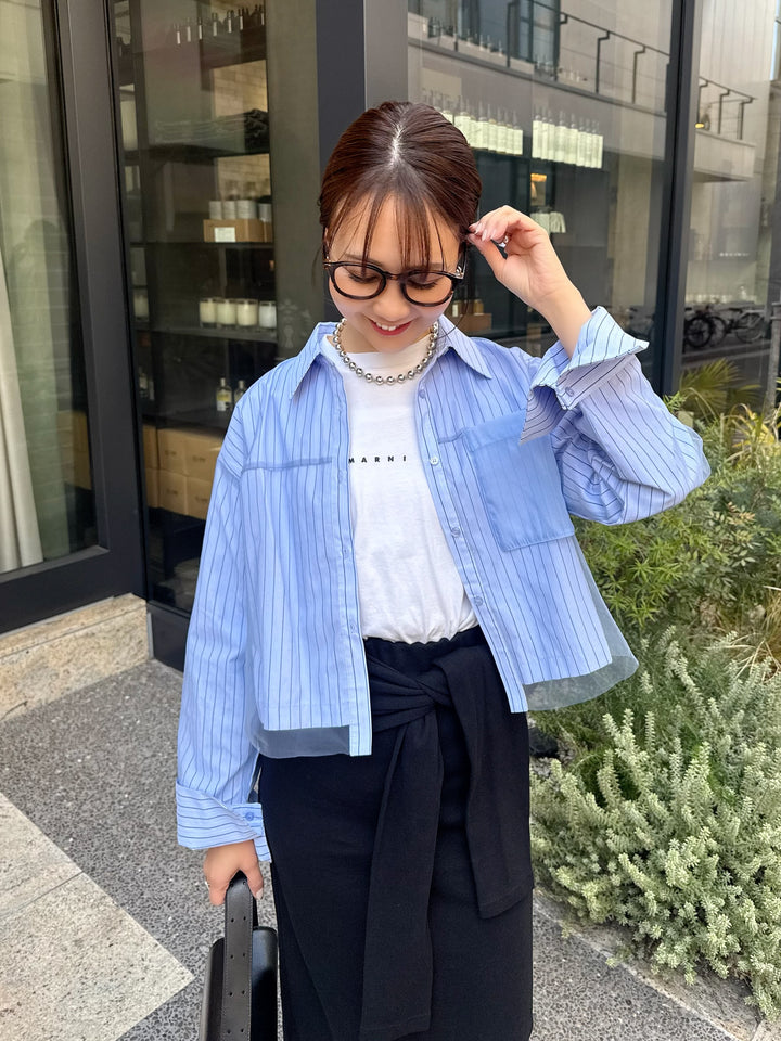 [新作300円OFF] チュールショート丈ストライプシャツ / ブルー