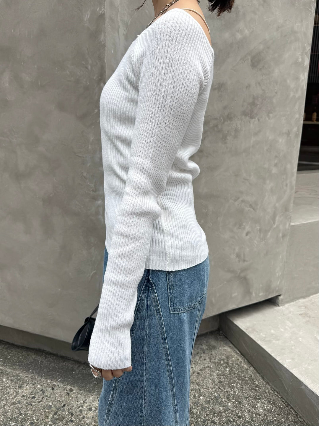 スクエアネックリブニットプルオーバー  / オフホワイト