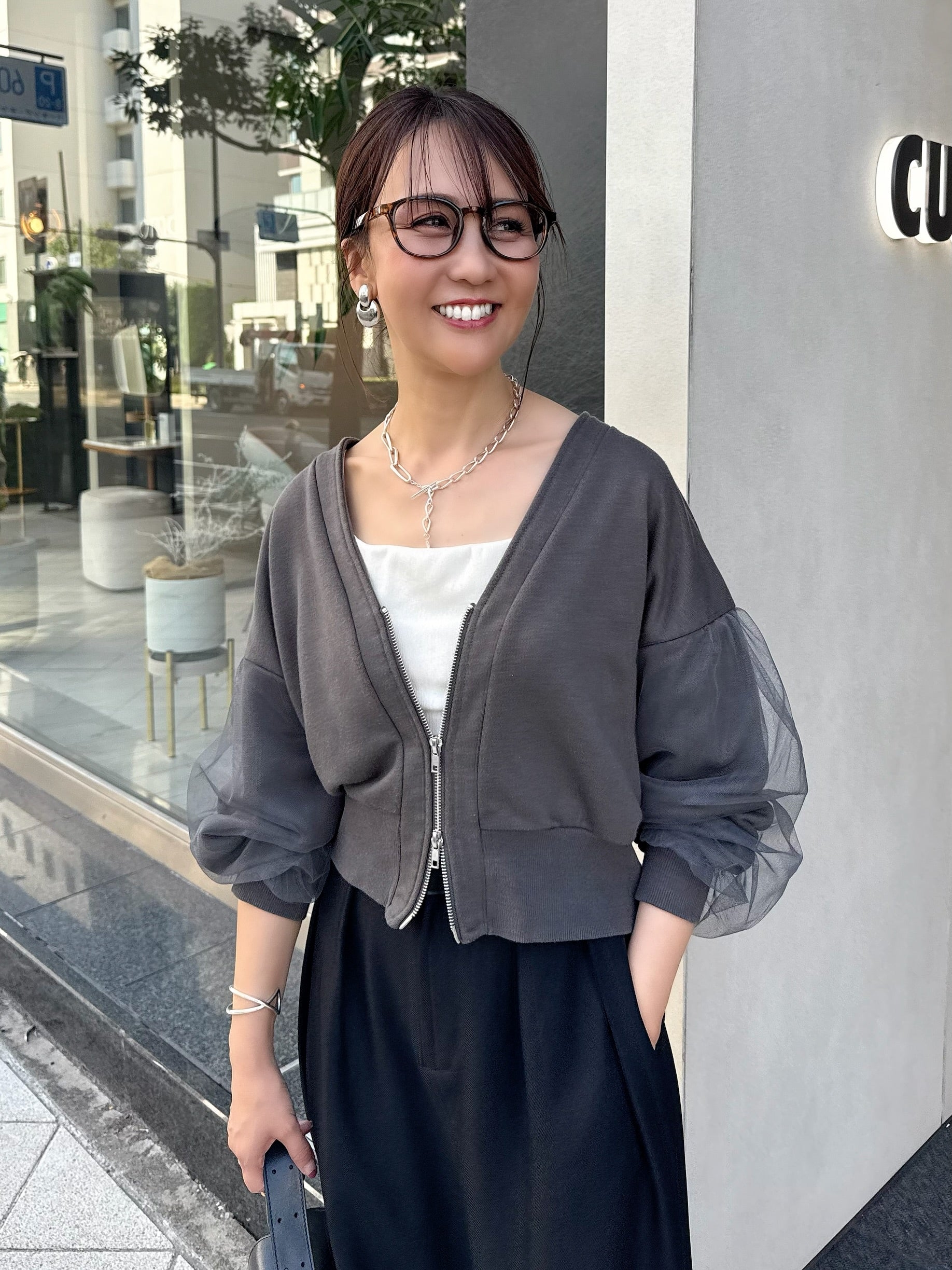 袖チュールカーディガン / チャコールグレイ – fosie