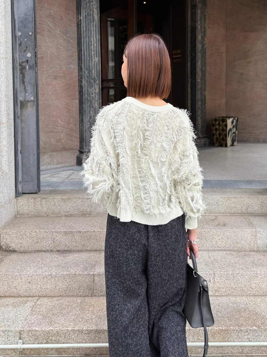 【予約】麻タッチフリンジニットショート丈プルオーバー/ アイボリー(2月上旬発送予定)