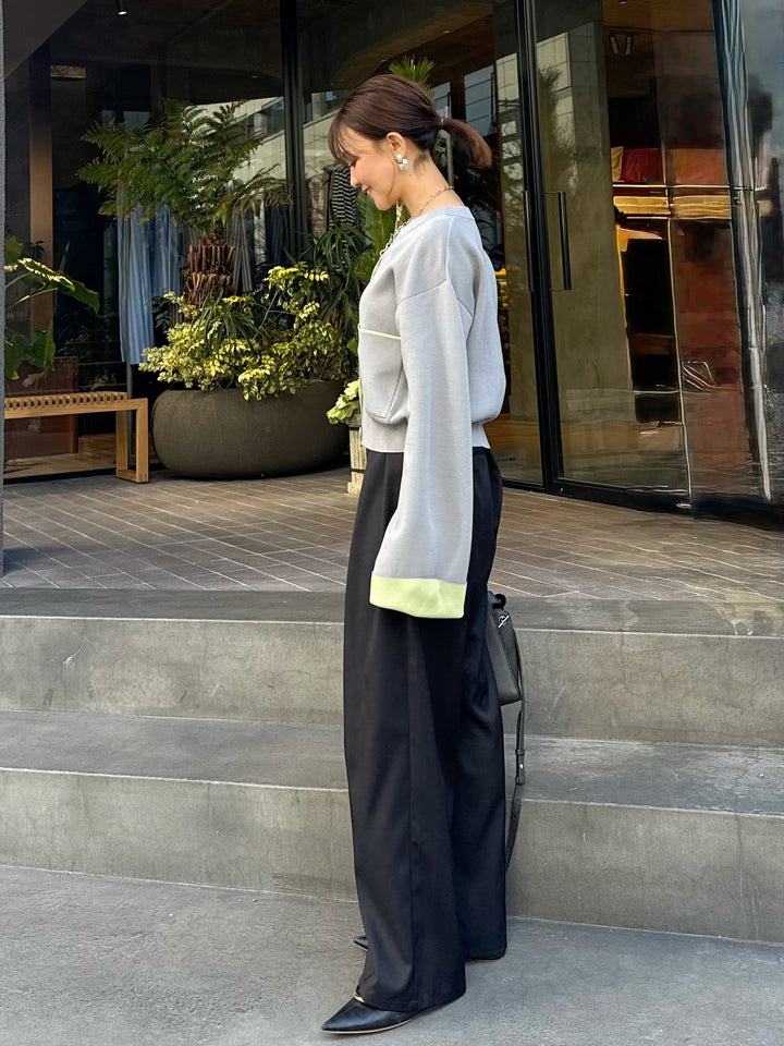 【予約】[SET] 配色ダブルフェイスカーディガン / グレー×ライム + ウエストパイピングワイドパンツ / ブラック(4月上旬発送予定)