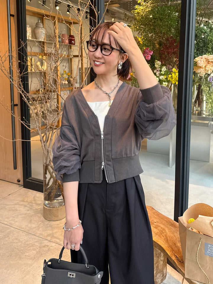 袖チュールカーディガン / チャコールグレイ