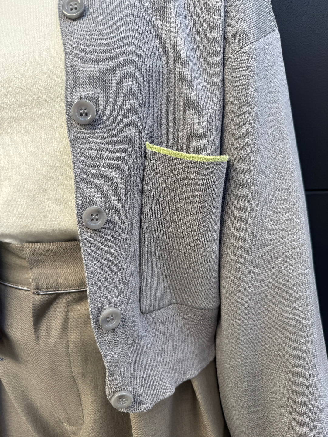 【予約】配色ダブルフェイスカーディガン / グレー×ライム(3月上旬発送発送予定)