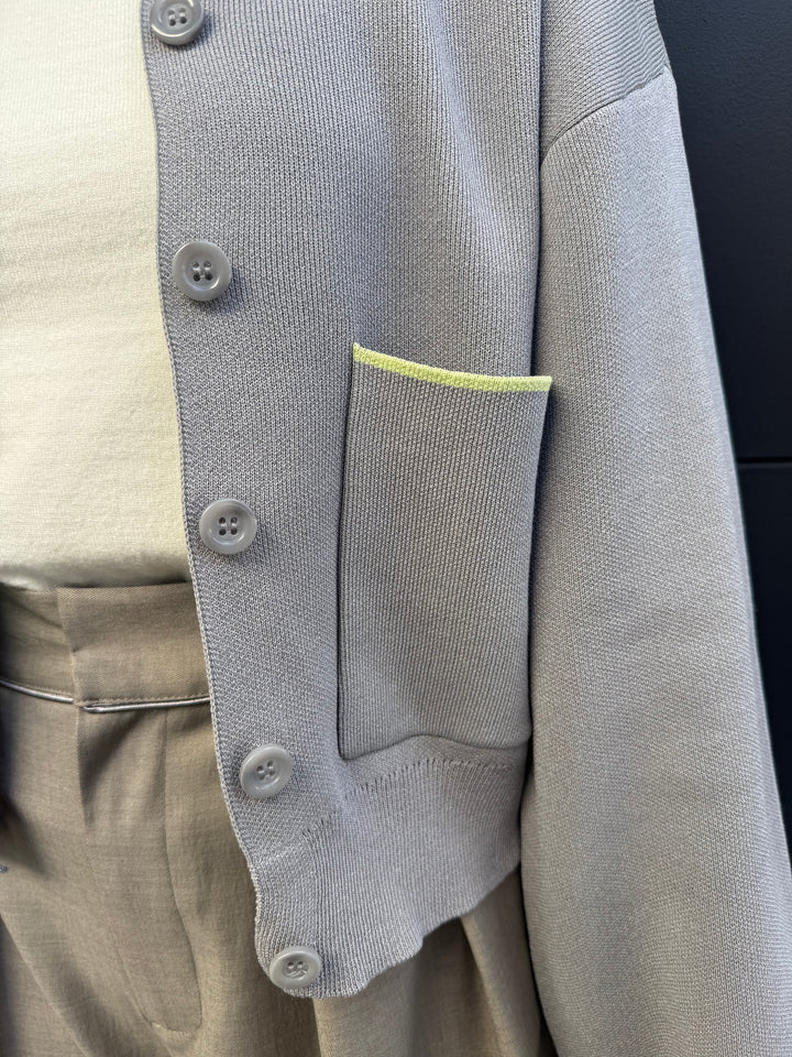 【予約】配色ダブルフェイスカーディガン / グレー×ライム(3月上旬発送発送予定)