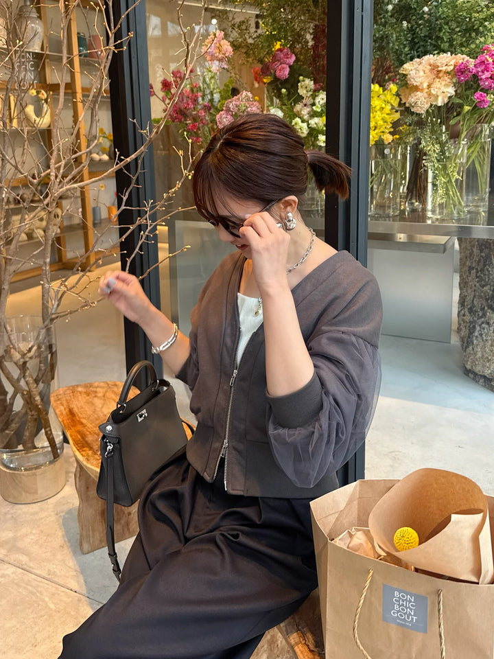 袖チュールカーディガン / チャコールグレイ