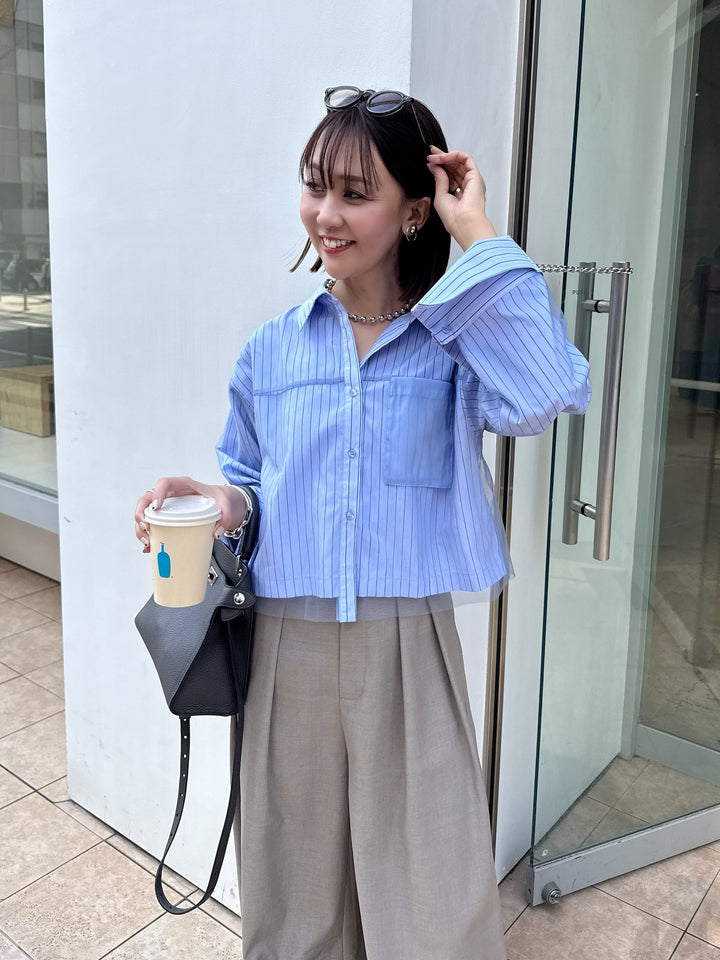 [新作300円OFF] チュールショート丈ストライプシャツ / ブルー