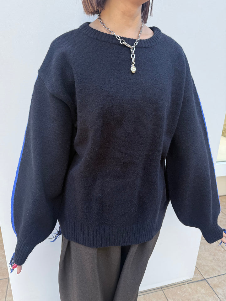 アルパカタッチ配色ラインプルオーバー / ブラック