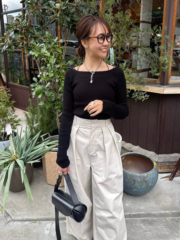 スクエアネックリブニットプルオーバー  / ブラック