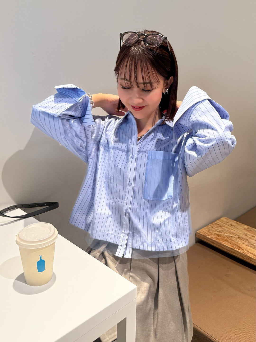 [新作300円OFF] チュールショート丈ストライプシャツ / ブルー