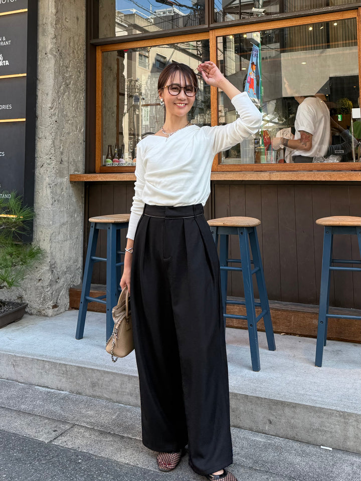 [新作300円OFF] 【予約】[SET]起毛ドレープロングTシャツ / ホワイト + ウエストパイピングワイドパンツ / ブラック(9月上旬発送予定)