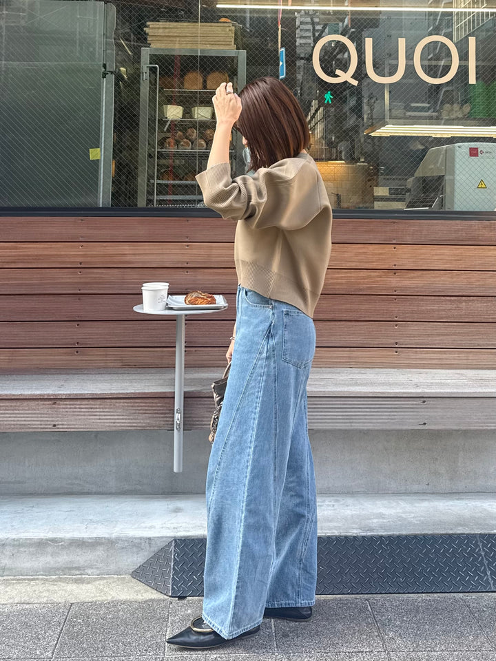 【予約】[SET]クロップド丈ダンボールニット / ベージュ + 切替えストレートデニムパンツ / ブルー(3月上旬発送予定)