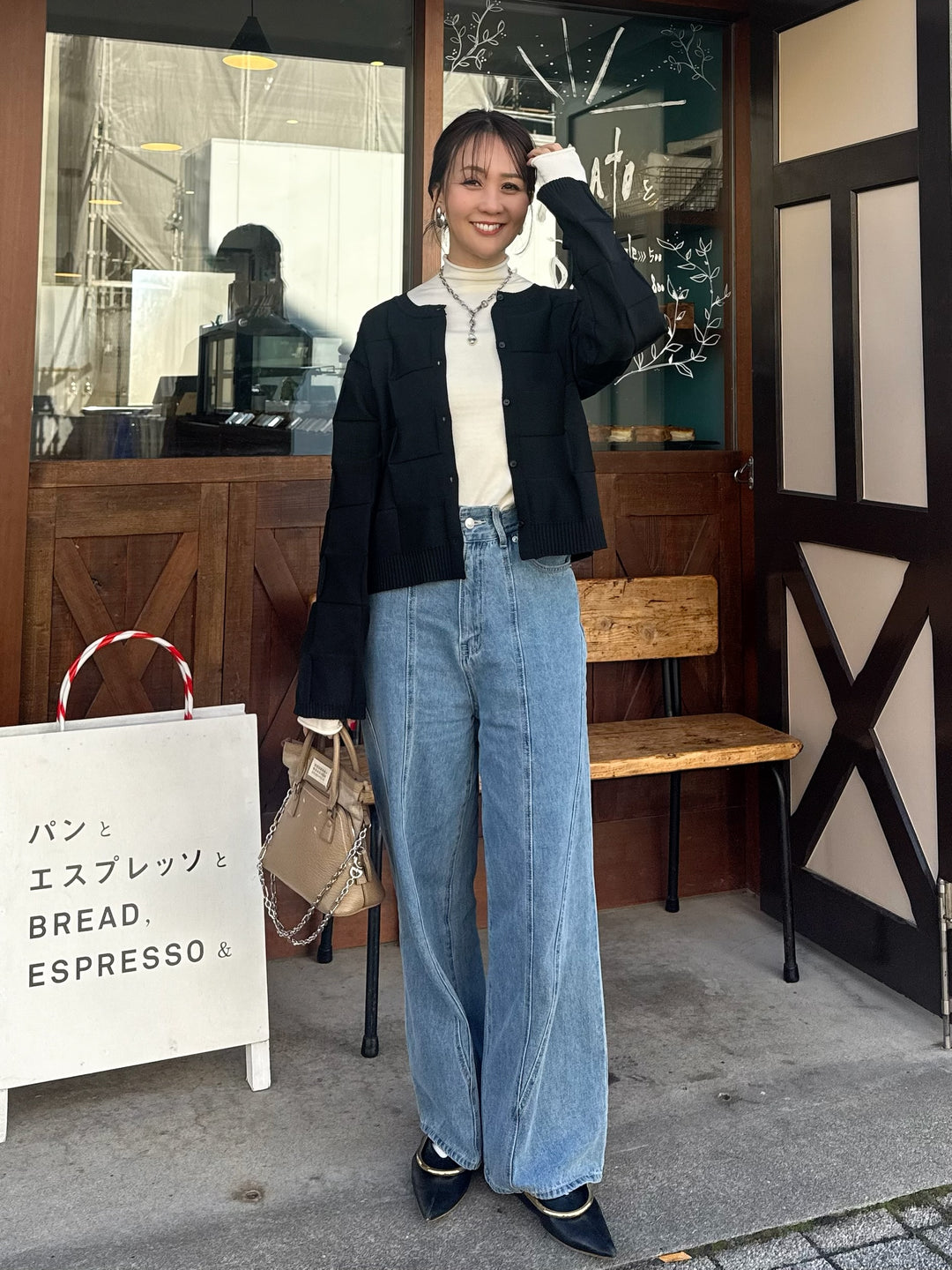 【予約】[SET] 格子ニットカーディガン + 切替えストレートデニムパンツ / ブルー(2月上旬発送予定)