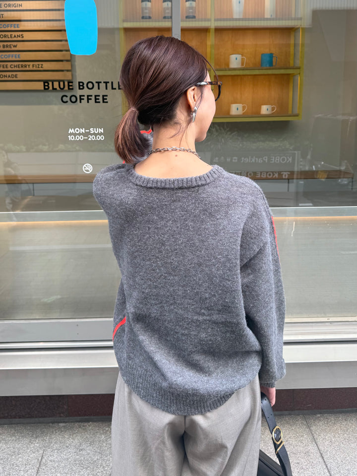 【予約】アルパカタッチ配色ラインプルオーバー / チャコール(12月中旬発送予定)