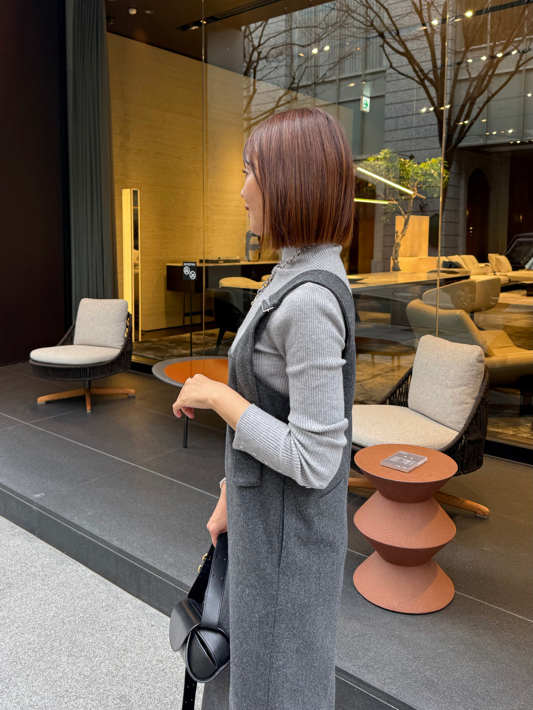 袖ボタンハイネックニット / グレー