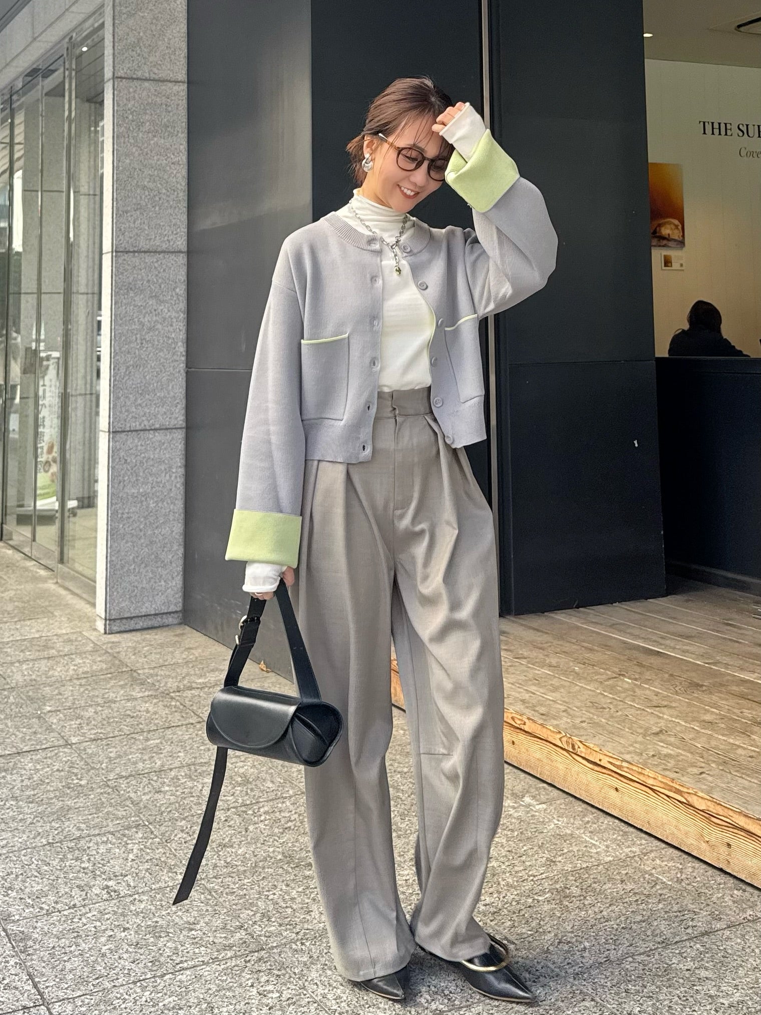 ライトグレー 長袖 カーディガン フリーサイズ 予約】配色ダブルフェイスカーディガン / グレー×ライム(1月下旬発送