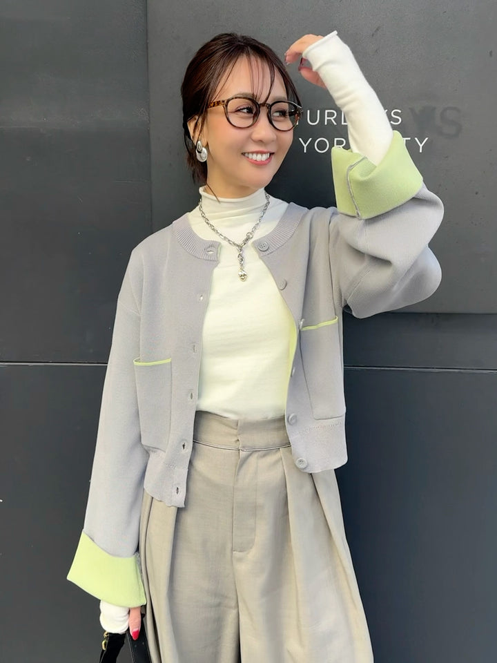 【予約】配色ダブルフェイスカーディガン / グレー×ライム(3月上旬発送発送予定)