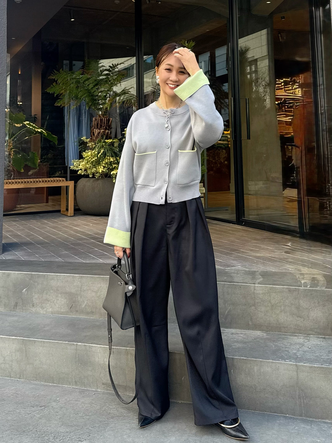 【予約】[SET] 配色ダブルフェイスカーディガン / グレー×ライム + ウエストパイピングワイドパンツ / ブラック(4月上旬発送予定)