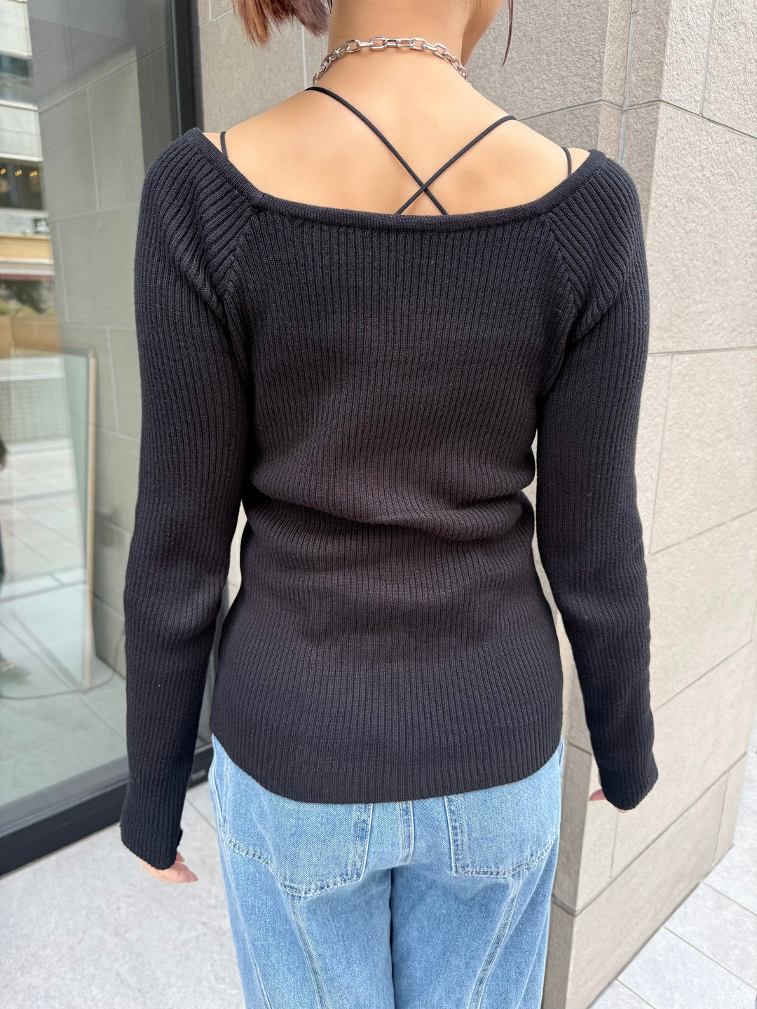 スクエアネックリブニットプルオーバー  / ブラック