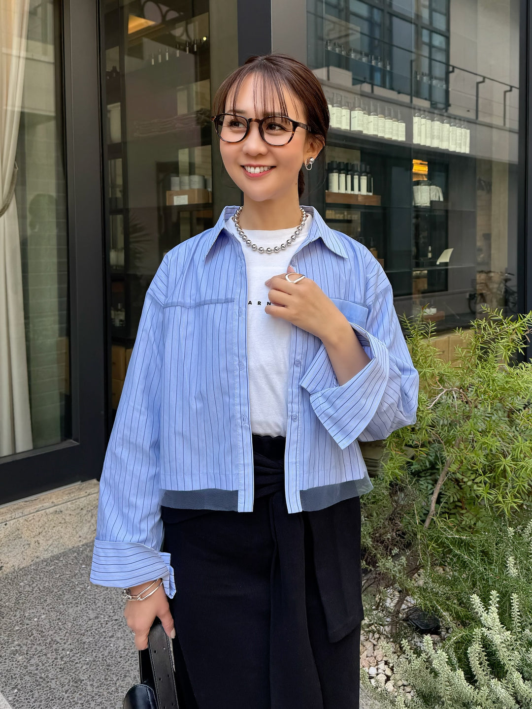 [新作300円OFF] チュールショート丈ストライプシャツ / ブルー