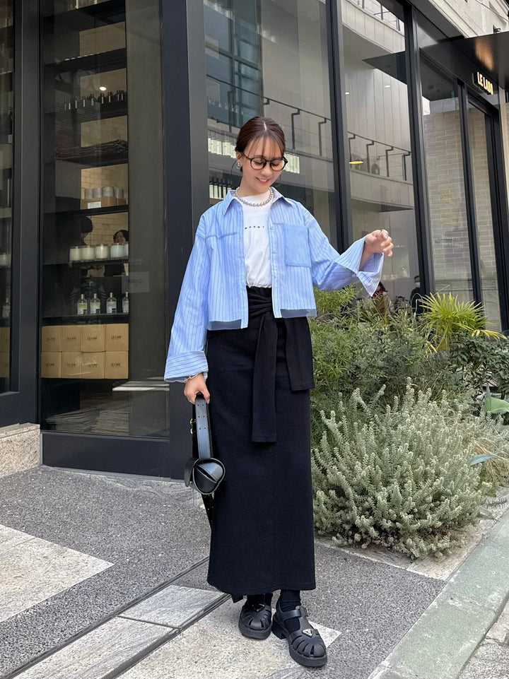 [新作300円OFF] カットリブ腰巻き風スカート / ブラック