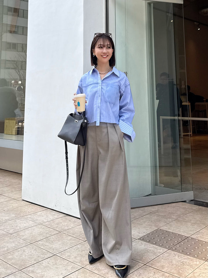 [新作300円OFF]【予約】[SET] チュールショート丈ストライプシャツ / ブルー + ウエストパイピングワイドパンツ / グレージュ(4月上旬発送予定)