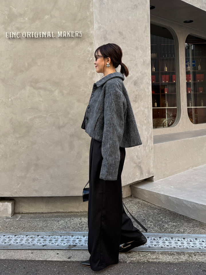 [SET] シャギーショートジャケット / グレー + ツイルタックパンツ / ブラック