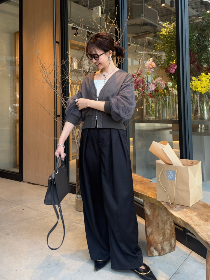 【予約】[SET] 袖チュールカーディガン / チャコールグレイ + ウエストパイピングワイドパンツ / ブラック(4月上旬発送予定)