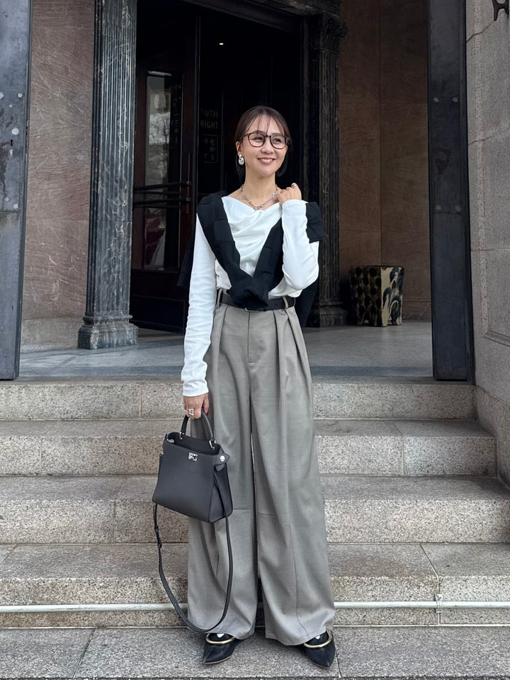 【予約】ウエストパイピングワイドパンツ / グレージュ(4月上旬発送予定)