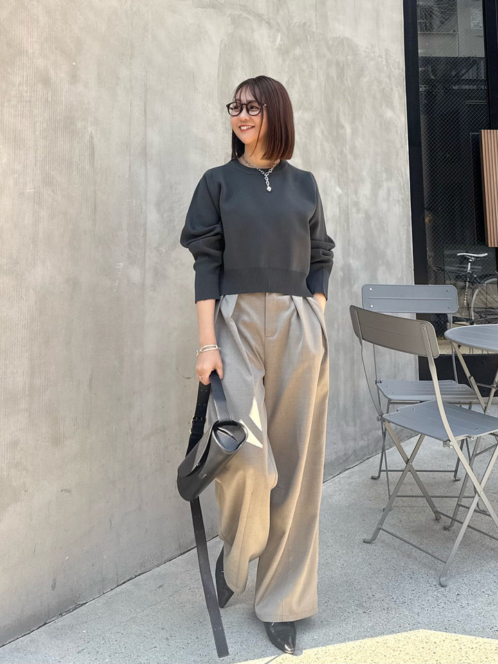 【予約】[SET] クロップド丈ダンボールニット /チャコール + ウエストパイピングワイドパンツ / グレージュ(4月上旬発送予定)