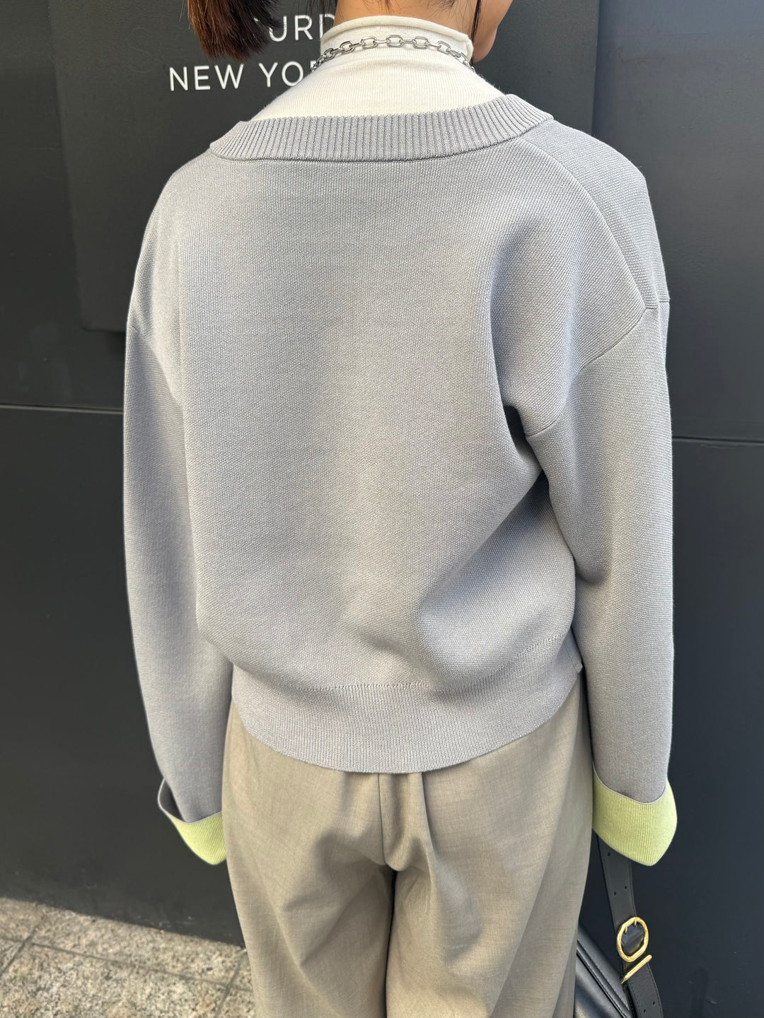 【予約】配色ダブルフェイスカーディガン / グレー×ライム(3月上旬発送発送予定)