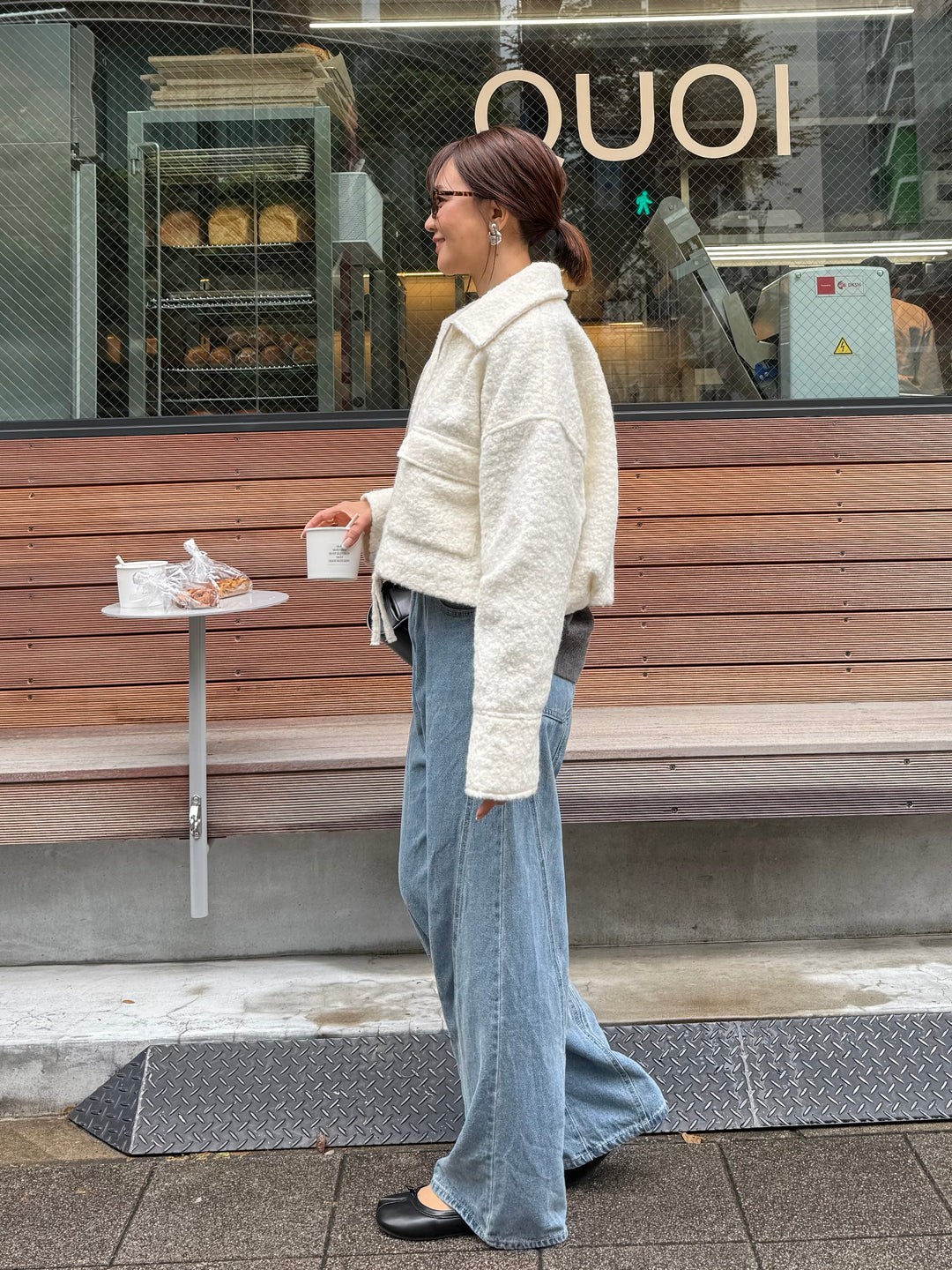 [SET] ループツイードショートジャケット / アイボリー + 切替えストレートデニムパンツ / ブルー