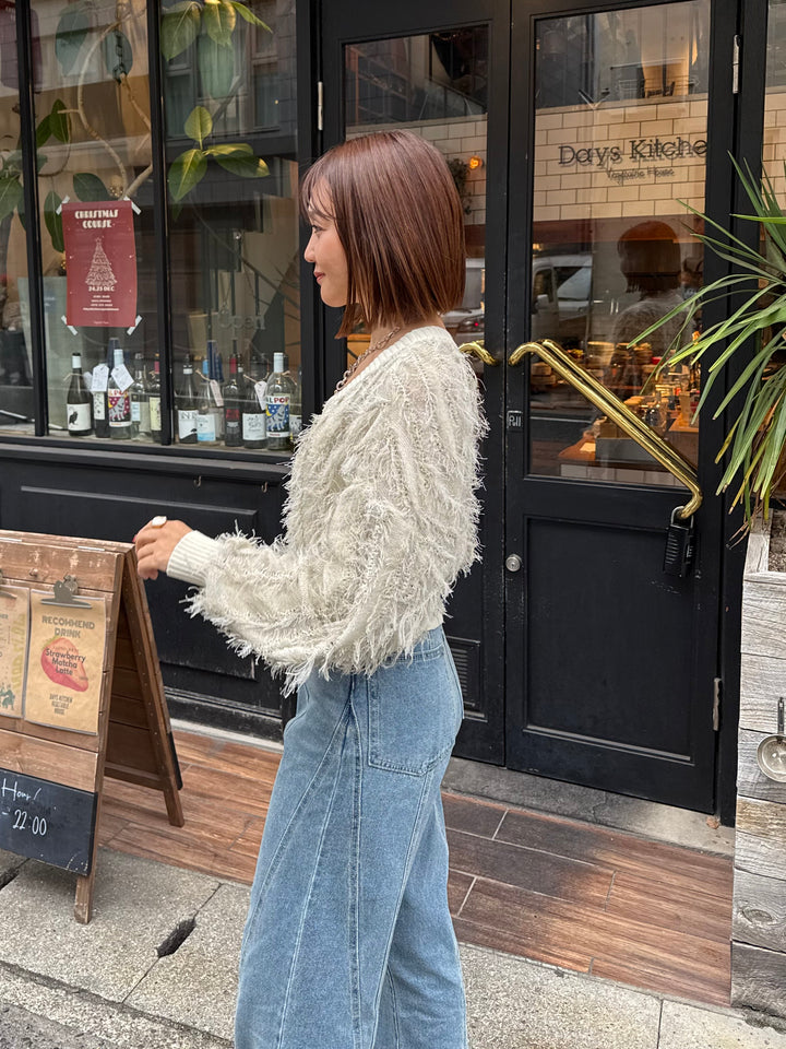 【予約】麻タッチフリンジニットショートカーデ / アイボリー(2月上旬発送予定)