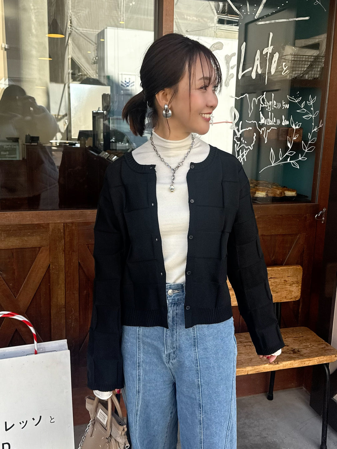 【予約】格子ニットカーディガン / ブラック(3月上旬発送予定)