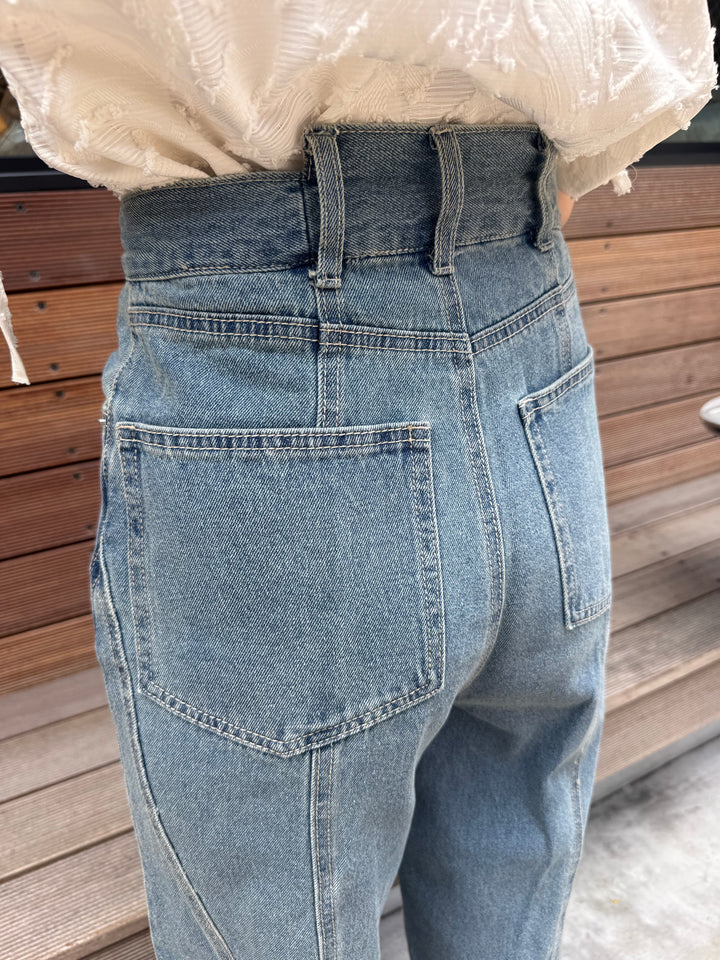 切替えストレートデニムパンツ / ブルー