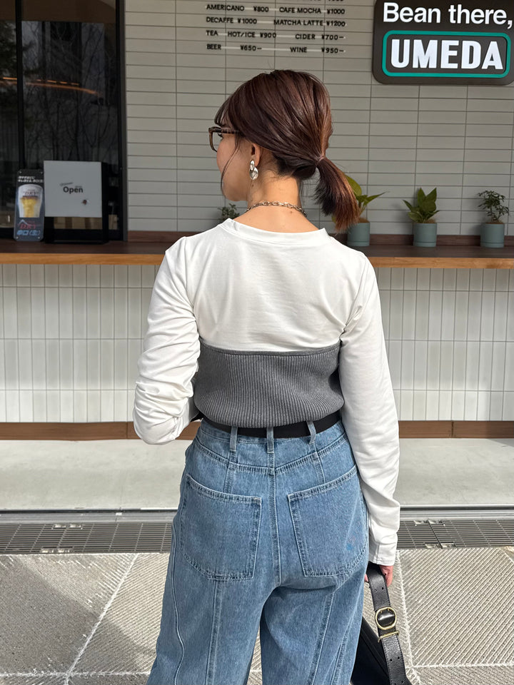 [新作300円OFF] リブニットビスチェドッキングTシャツ / オフホワイト×グレー