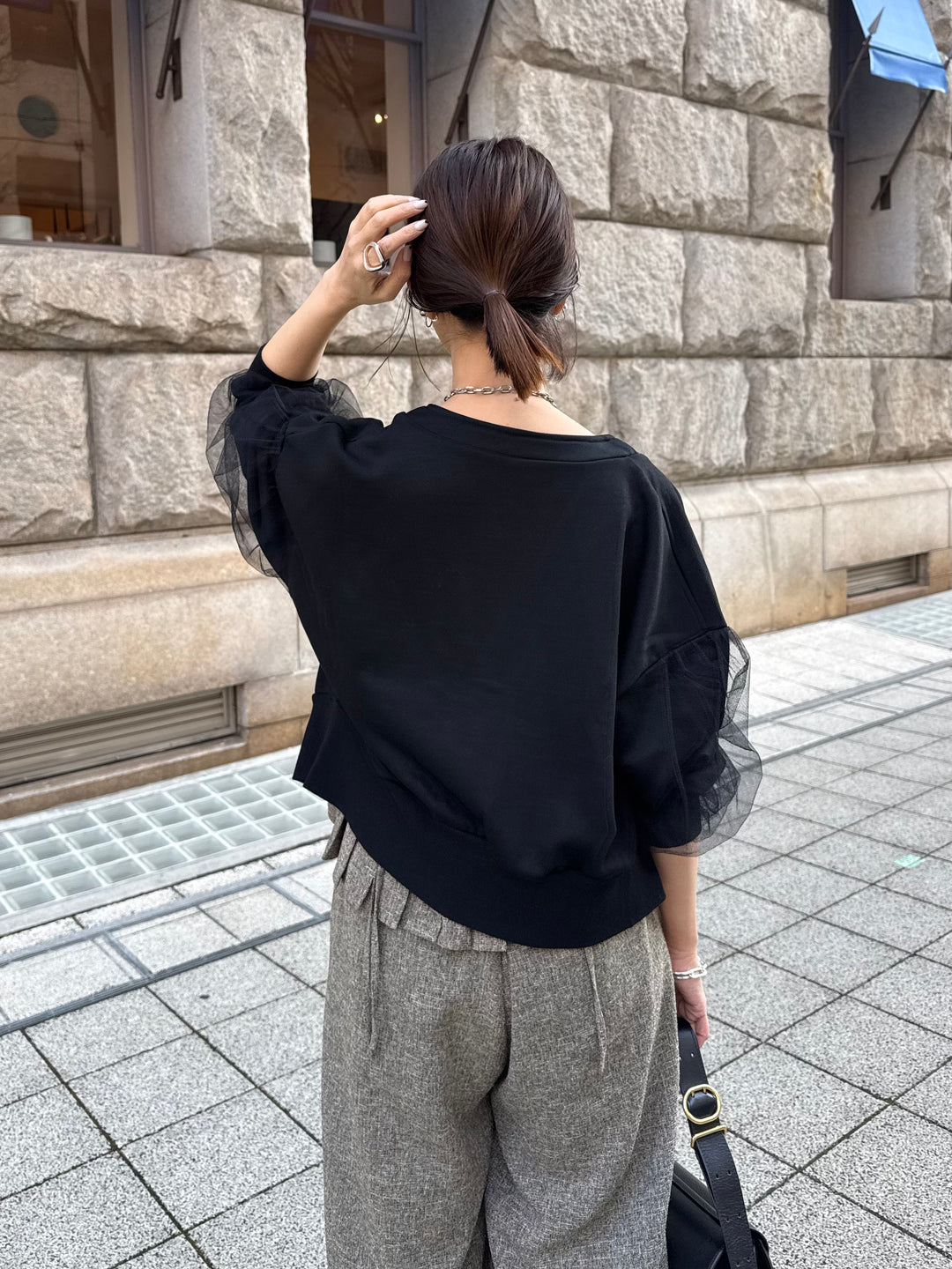 袖チュールカーディガン / ブラック