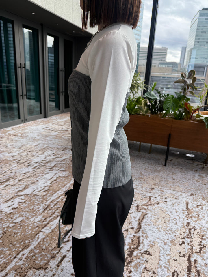 [新作300円OFF] リブニットビスチェドッキングTシャツ / オフホワイト×グレー