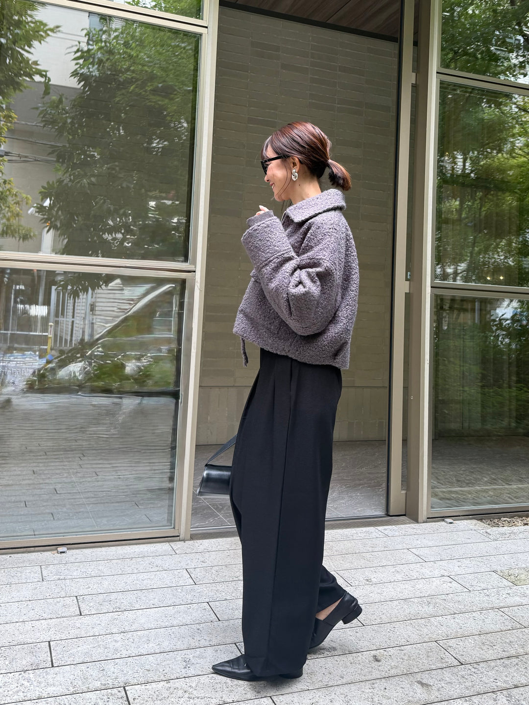 [SET] ループツイードショートジャケット / グレー + ウエストパイピングワイドパンツ / ブラック