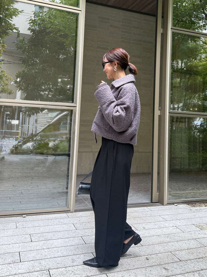 [SET] ループツイードショートジャケット / グレー + ウエストパイピングワイドパンツ / ブラック